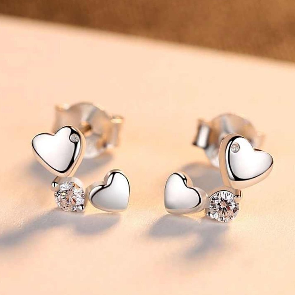 "Double Heart Dainty CZ 925 Sterling Silver Plated Earrings for Women, INDN8618